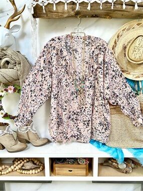 Blush peasant Floral V-Neck boho silver sparkle Blouse cottagecore prairie vibe